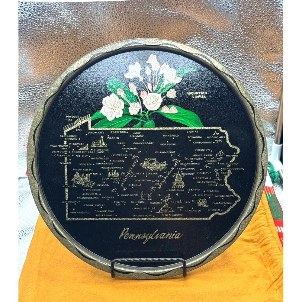 Pennsylvania State VTG Souvenir Tray Serving Tray Map Mountain Laurel Historical